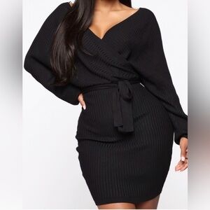 Love Tree Ribbed Knit Wrap V-Neck Sexy Belted Sweater Dress Black Small